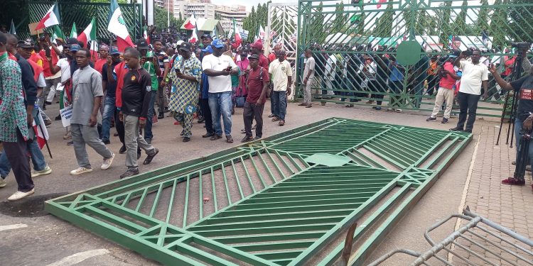 Angry labour protesters destroy NASS gate